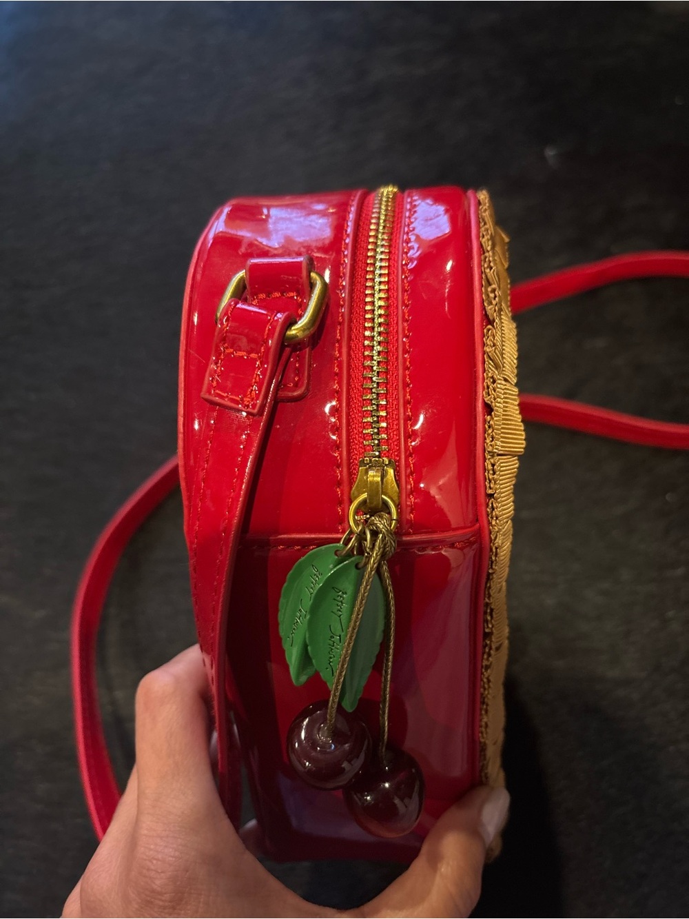 Betsey Johnson Heart-Shaped Woven Straw Crossbody Bag with Cherry Accent - Red - Picture 8 of 9